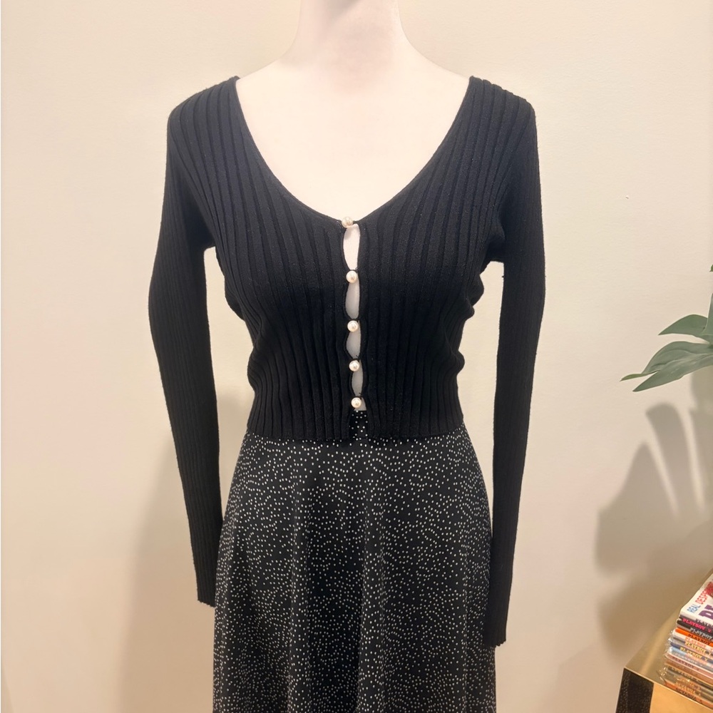 Dolls Kill Cotton Candy LA Black Ribbed Cardigan with Pearl Buttons size Large